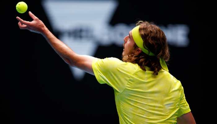 Greece's fifth seed Stefanos Tsitsipas serves to Thanasi Kokkinakis of Australia in the second round of Australian Open. (Source: Twitter)