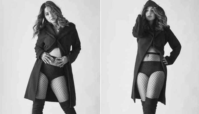 Hina Khan&#039;s latest monochrome photos in black bikini, fishnet stockings will leave you distracted 
