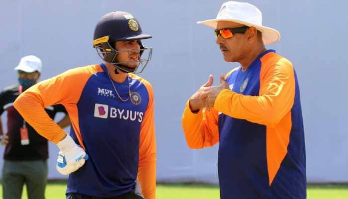 Team India head coach Ravi Shastri passes on some tips to opener Shubman Gill on sidelines of a net session in Chennai. (Photo: BCCI)