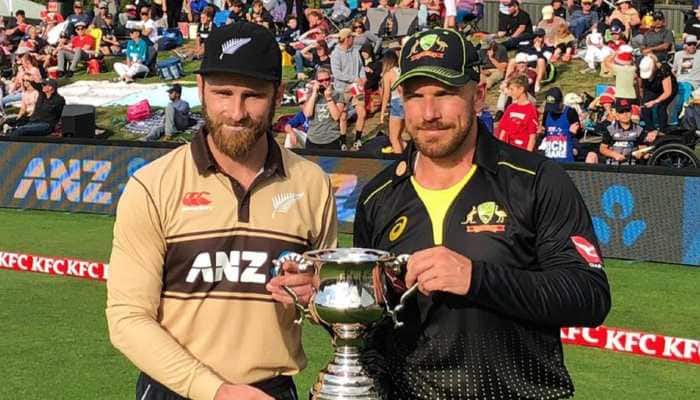 NZ skipper Kane Williamson (left) and Australian captain Aaron Finch before the first of five T20s in Christchurch. (Source: Twitter)