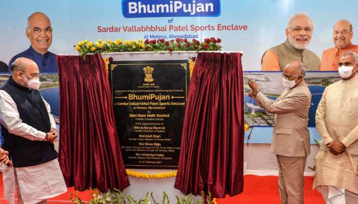 President Ram Nath Kovind (right) and Union Home Minister Amit Shah (left) during the inauguration function of the newly rechristened Narendra Modi Stadium in Ahmedabad. (Photo: PTI)