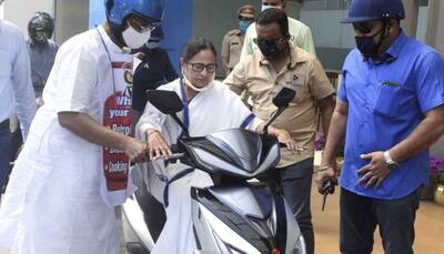 West Bengal CM Mamata Banerjee nearly falls while driving electric scooter: WATCH