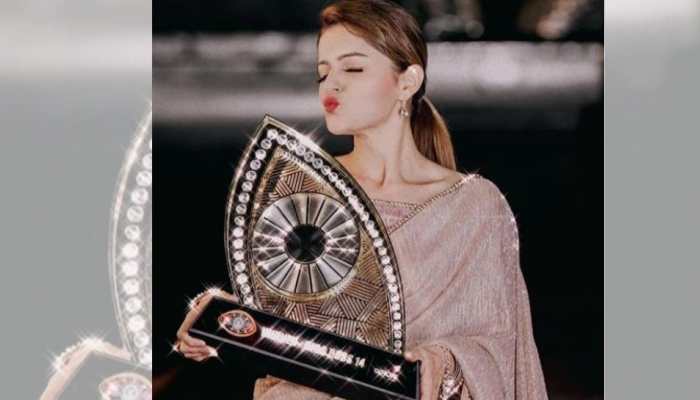Rubina Dilaik stuns in golden saree in fresh photo with Bigg Boss 14 trophy