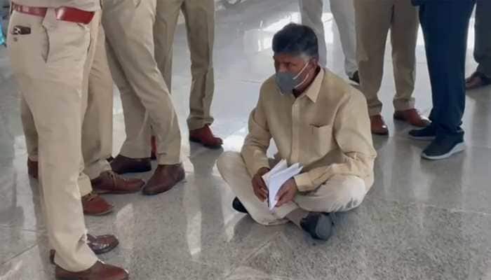 TDP chief N Chandrababu Naidu sits on dharna at Tirupati airport, detained | Andhra Pradesh News | Zee News