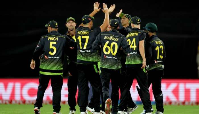 Australian team celebrate their 64-run win over New Zealand in the third T20 at the Westpac Stadium in Wellington. (Source: Twitter)