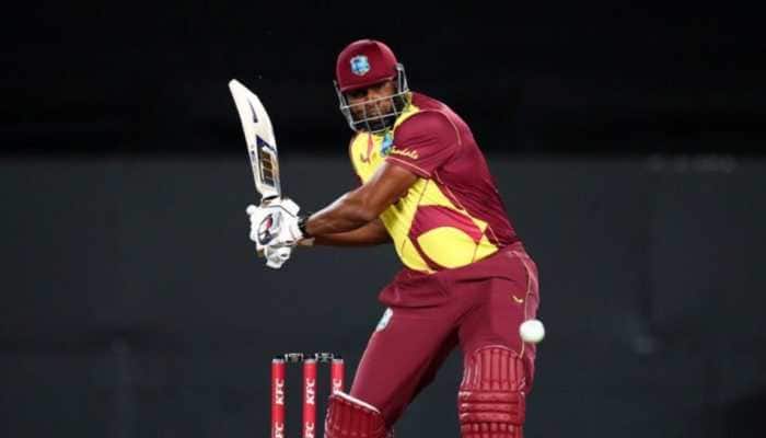 West Indies captain Kieron Pollard smashes a six against Sri Lanka in the first T20 in Antigua. (Source: Twitter)
