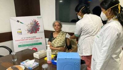Finance Minister Nirmala Sitharaman receives her first dose of the COVID-19 vaccine
