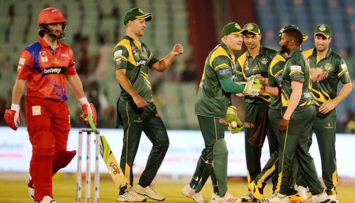 South Africa Legends' left-arm spinner Thandi Tshabalala (right) celebrates after dismissing a England Legends batsman in their Road Safety World Series clash. (Source: Twitter)