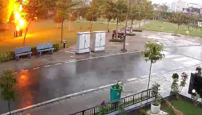 Lightning strike in Gurugram captured on CCTV, four people injured