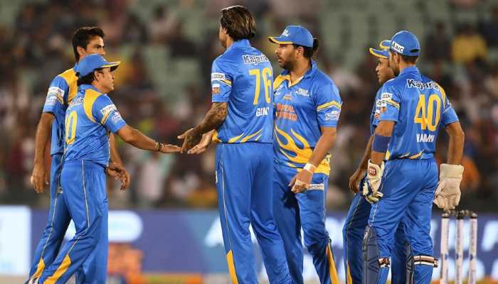 India Legends team celebrate their win over West Indies Legends in the Road Safety World Series semifinal in Raipur. (Source: Twitter)