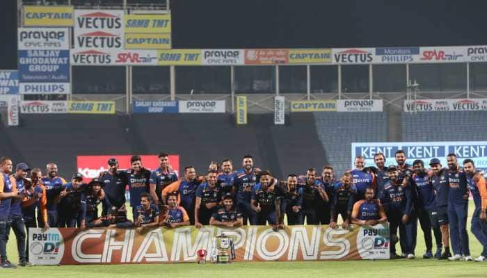 India players pose for the trophy after winning the ODI series against England