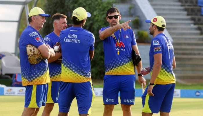Chennai Super Kings head coach Stephen Fleming has a word with his support staff including assistant coach Michael Hussey during a training session in Mumbai. (Photo: Chennai Super Kings)