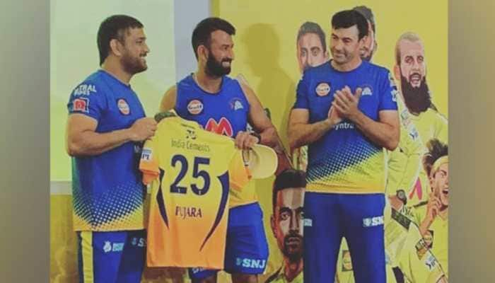 IPL 2021: MS Dhoni presents CSK jersey to Chesteshwar Pujara and other new recruits, see pics