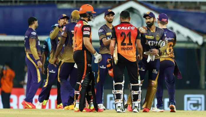 Kolkata Knight Riders' vice-captain Dinesh Karthik (right) consoles Manish Pandey of Sunrisers Hyderabad after their IPL 2021 clash in Chennai. (Photo: IPL)