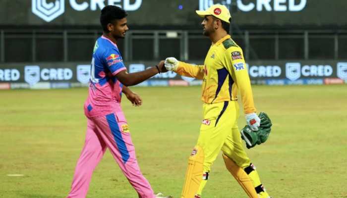 Chennai Super Kings skipper MS Dhoni (right) with Rajasthan Royals captain Sanju Samson after their IPL 2021 match in Mumbai. (Photo: IPL)