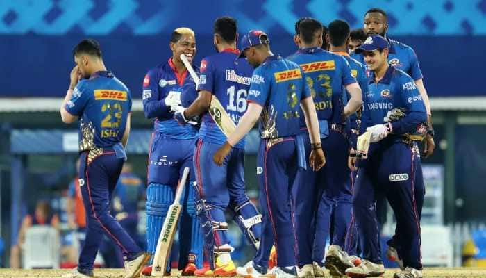 Delhi Capitals batsman Shimron Hetmeyer (centre) celebrates his team six-wicket win over Mumbai Indians in the IPL 2021 game in Chennai. (Photo: IPL)