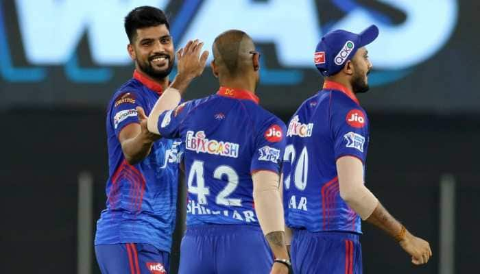 Delhi Capitals all-rounder Lalit Yadav (left) is congratulated by teammates after picking up a wicket against Kolkata Knight Riders at the Narendra Modi Stadium in Ahmedabad. (Photo: PTI)