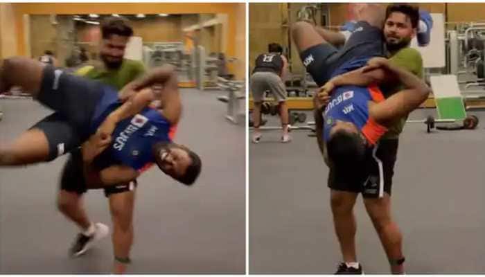 WTC Final: Rishabh Pant displays muscle power, lifts and rotates Team India&#039;s analyst in gym - WATCH
