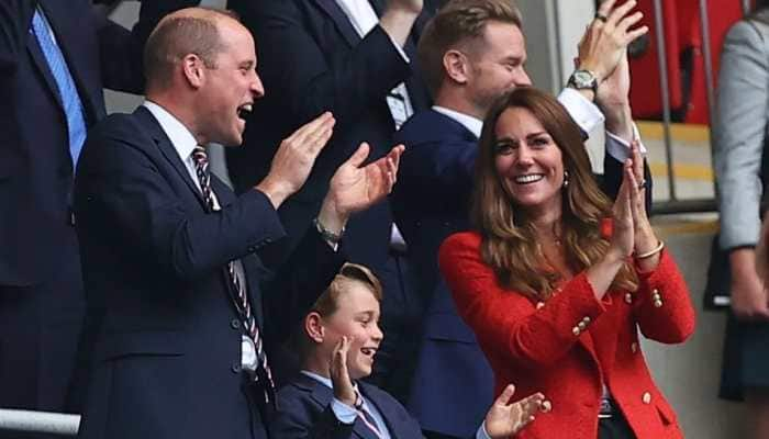 Prince William with wife Catherine and son Prince George cheer a goal by England in their UEFA Euro 2020 Round of 16 game at Wembley. (Source: Twitter)