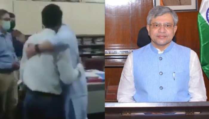 &#039;Aao, aao gale lagte hain bhayi&#039;: Ashwini Vaishnaw hugs employee after finding out he is alumnus of his college -- Watch