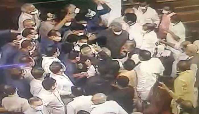 CCTV footage shows Opposition MPs jostling with marshals in Rajya Sabha, Govt says &#039;creating anarchy is their main agenda&#039;