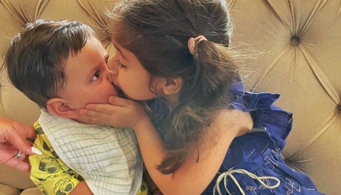 Kareena Kapoor’s son Jehangir Ali Khan gets a kiss from Soha Ali Khan’s daughter Innaya Kemmu