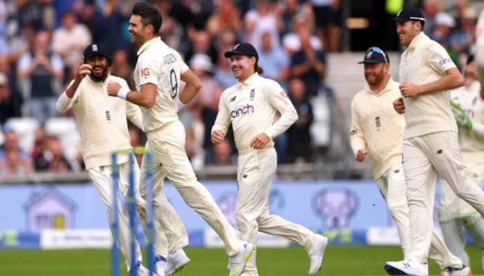 England's James Anderson celebrates after picking up a wicket on Day 1 of the third Test against India at Headingley in Leeds. (Source: Twitter)