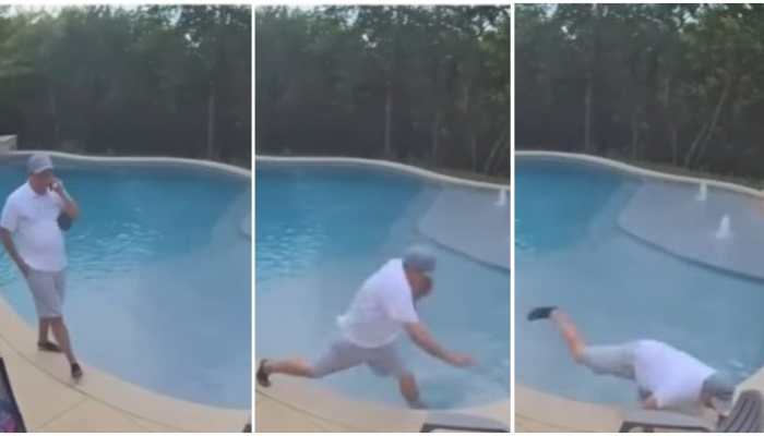 Hilarious! Man continues his work call even after falling in pool- Watch viral video