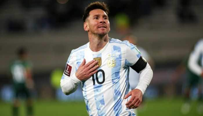 Argentina captain Lionel Messi celebrates after scoring against Bolivia in their FIFA World Cup 2022 qualifying match in Buenos Aires. (Source: Twitter)