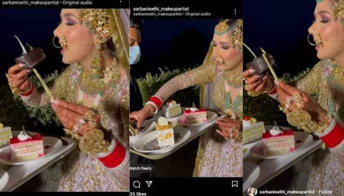 Bride caught eating pastry on her wedding day, netizens call her a 'vibe' - Watch
