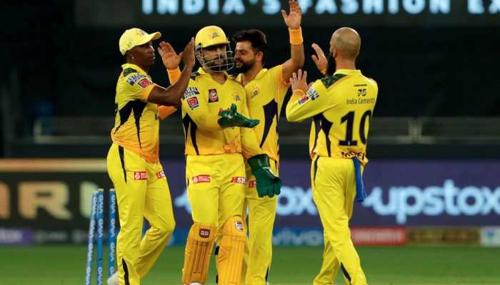 Chennai Super Kings skipper MS Dhoni celebrates a dismissal with Moeen Ali in the IPL 2021 match against Mumbai Indians in Dubai. (Photo: ANI)