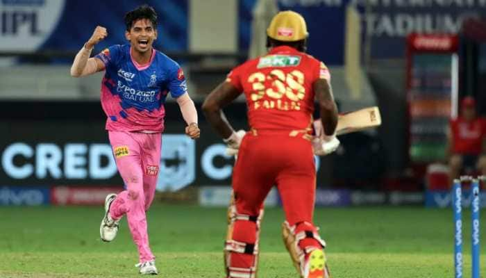 Rajasthan Royals paceman Kartik Tyagi celebrates after dismissing Punjab Kings all-rounder Fabian Allen in their IPL 2021 match in Dubai. (Photo: BCCI/IPL)