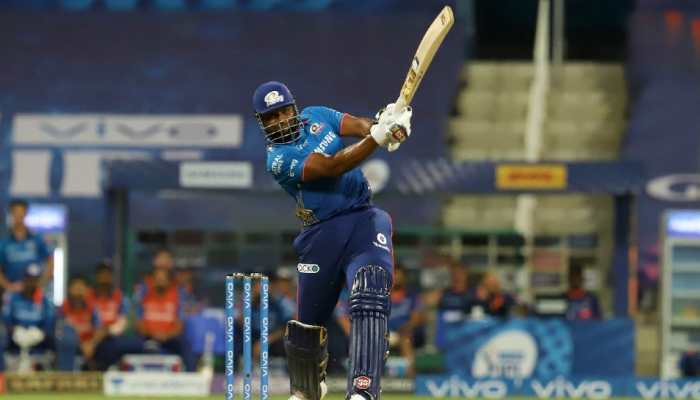 Mumbai Indians all-rounder Kieron Pollard smashes a boundary against Punjab Kings in their IPL 2021 clash Abu Dhabi. (Photo: PTI)