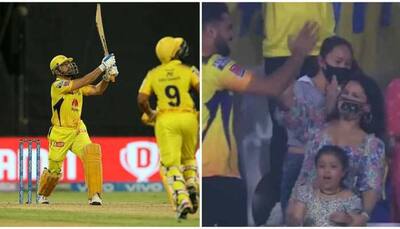 WATCH: MS Dhoni finishes match with a SIX, wife Sakshi and daughter Ziva celebrate from stands