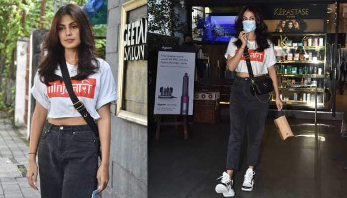 THIS strong message on Rhea Chakraborty&#039;s t-shirt goes viral - Watch