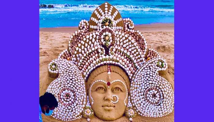 On Maha Ashtami, Sudarsan Pattnaik creates breathtaking Maa Durga sand art using seashells at beach - Watch