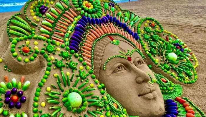 Maha Navami 2021: Sudarsan Pattnaik creates magnificent sand artwork of Maa Durga with vegetables!