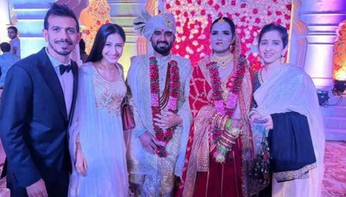 Rajasthan Royals all-rounder Rahul Tewatia ties the knot with Ridhi Pannu. The wedding on Monday (November 29) was attended by other top cricketers like Rishabh Pant, Yuzvendra Chahal and Nitish Rana. (Source: Twitter)