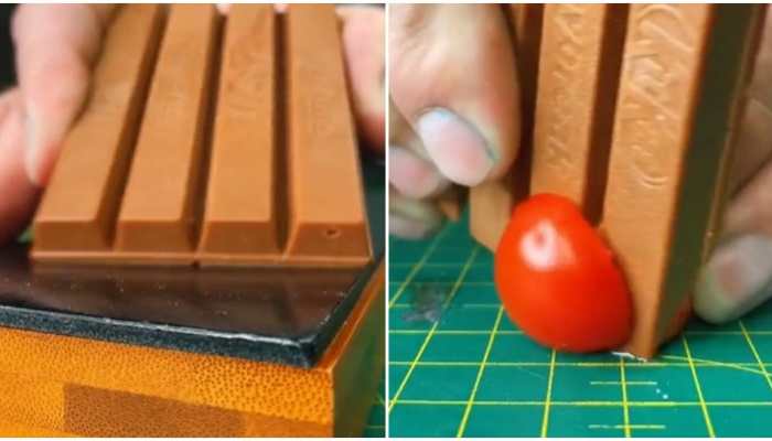 Bizarre! Man sharpens KitKat to cut tomato, internet asks 'why'- Watch viral video