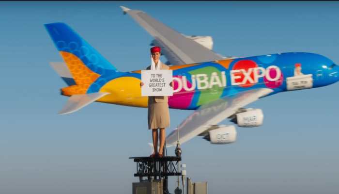 Watch: Massive Emirates A380 plane fly near air hostess standing on top of Burj Khalifa