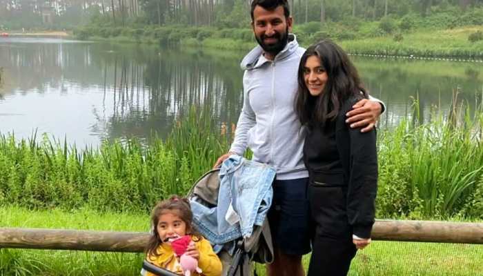 Cheteshwar Pujara with wife Puja Pabari and daughter Aditi. Pujara celebrates his 34th birthday on Tuesday (January 25). (Source: Twitter)