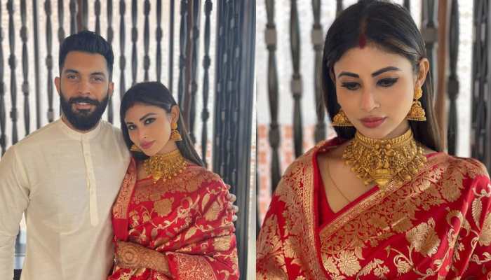 New bride Mouni Roy wears red Banarasi saree, hubby is smitten by Mrs - IN PICS | People News | Zee News