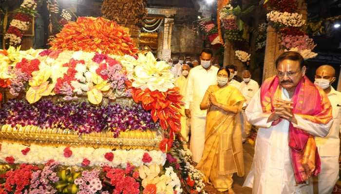 VP Venkiah Naidu at Sri Bala Ji Temple on Thursday.