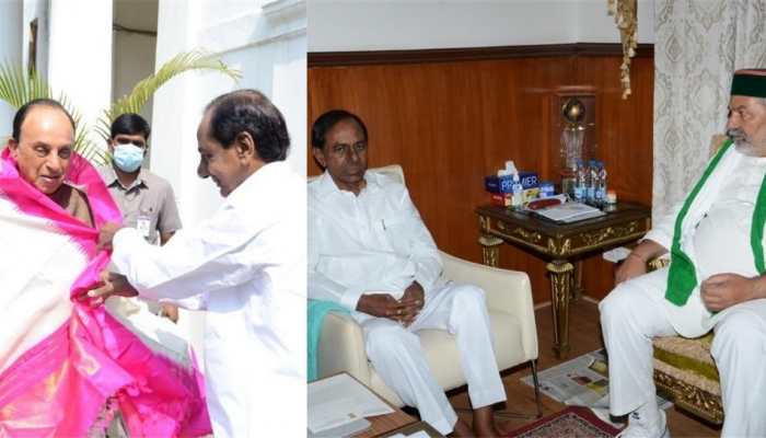 Telangana CM K Chandrasekhar Rao meets Rakesh Tikait, Subramanian Swamy in Delhi Telangana CM K Chandrasekhar Rao meets Rakesh Tikait, Subramanian Swamy in Delhi