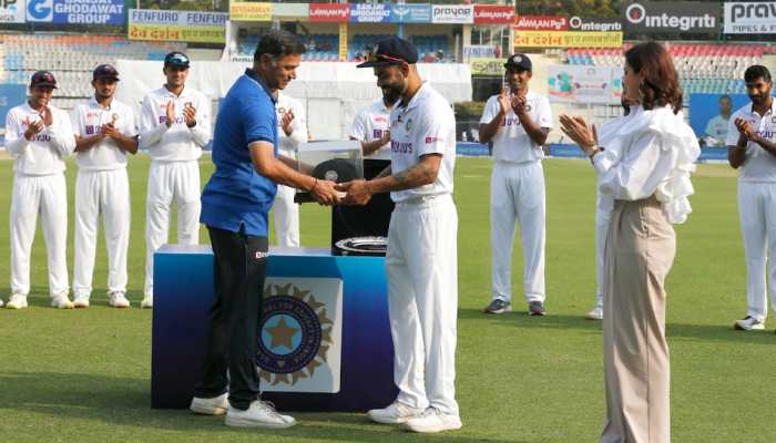 Coach Rahul Dravid hands 100th Test cap to Virat Kohli with wife Anushka Sharma by his side, Watch