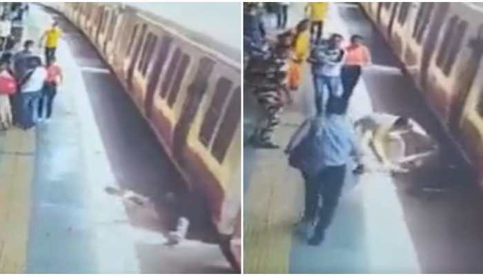 Man falls from moving train; RPF constable&#039;s quick action saves his life- Watch