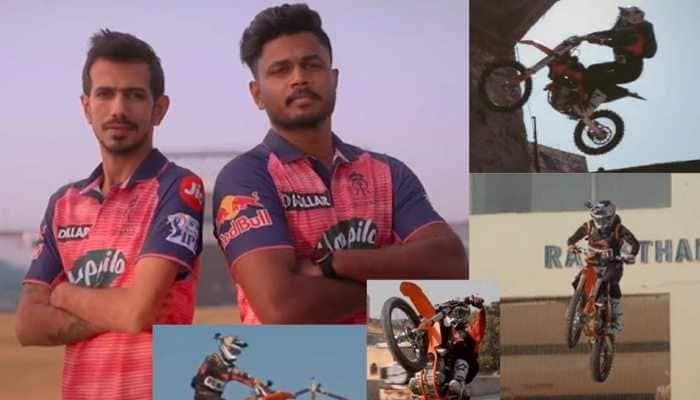 IPL 2022: A biker jumps off from 5th floor to reveal Rajasthan Royal&#039;s new jersey - WATCH