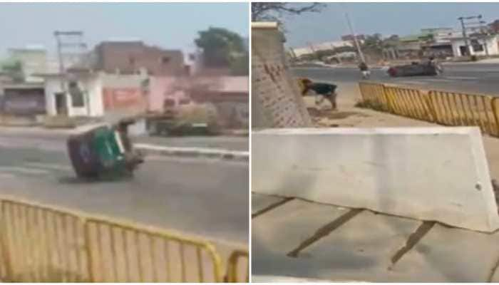 Speeding autorickshaw overturned after locals threw water balloons in UP- Watch