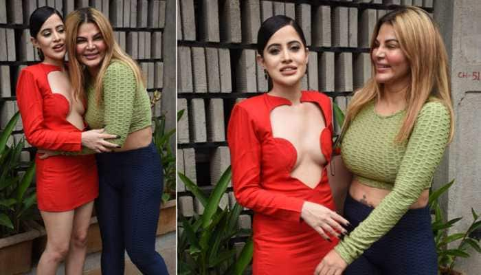 Urfi Javed meets Rakhi Sawant, gets mercilessly trolled for &#039;revealing red dress with deep neckline&#039;- Watch