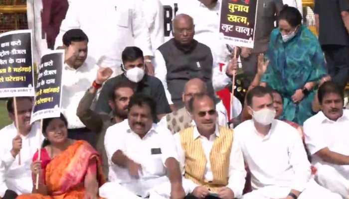 Congress MPs led by Rahul Gandhi stage protest against rising petrol, diesel prices
